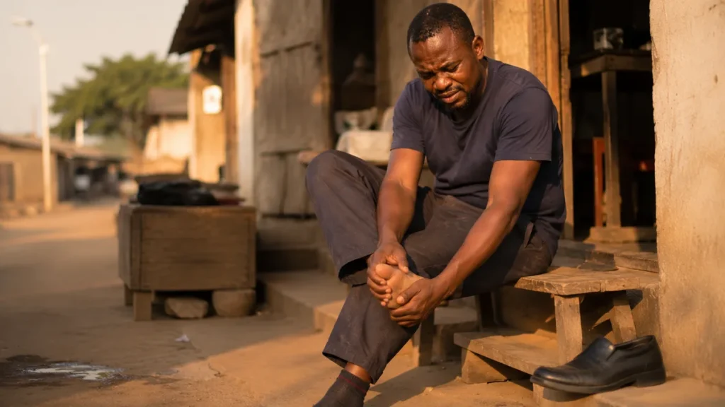 A man rubbing his sore foot after a long day of work