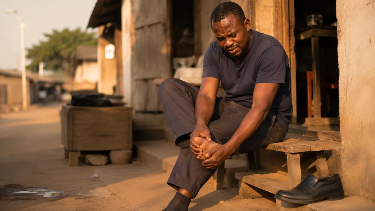 A man rubbing his sore foot after a long day of work