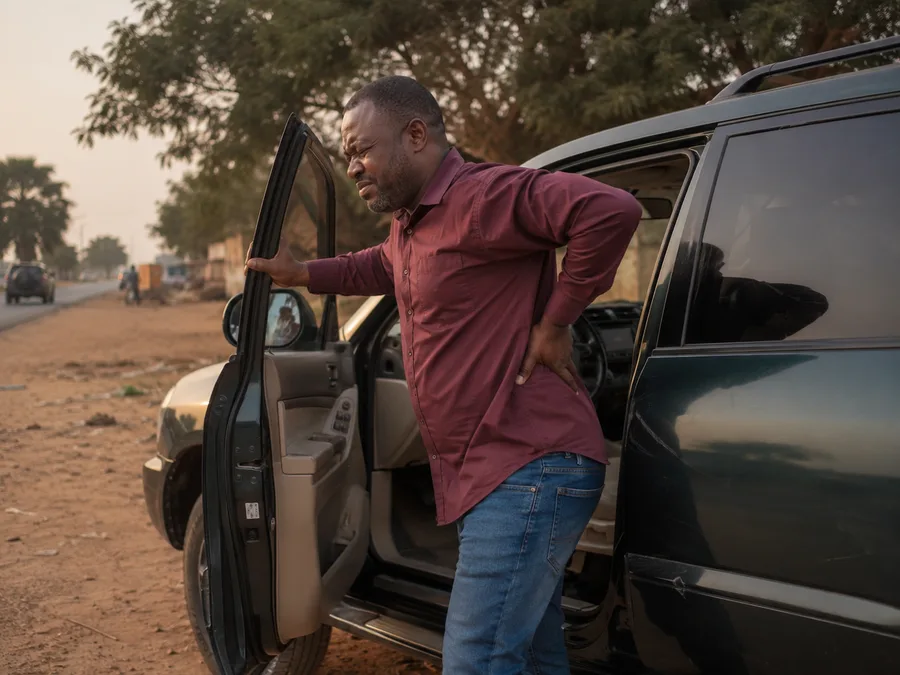 Nigerian driver stretching his back after stepping out of his vehicle following a long trip