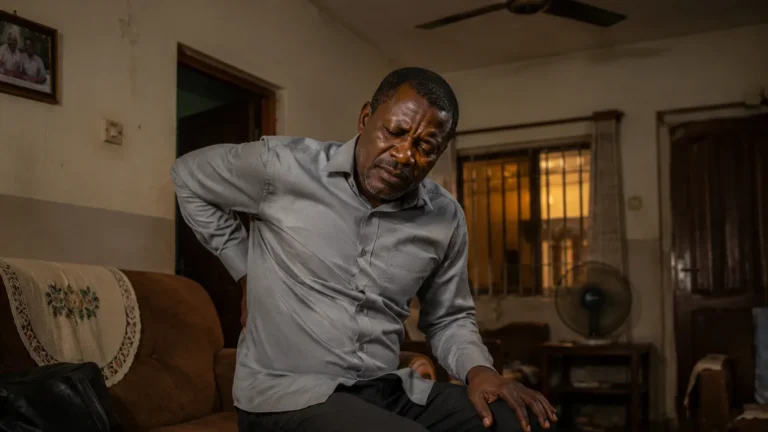Nigerian man sitting at home in the evening holding his lower back after work
