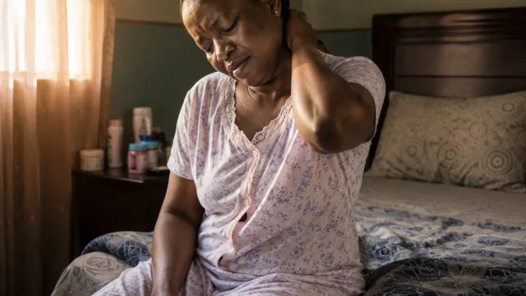 Nigerian woman sitting on the edge of her bed in the morning rubbing her neck