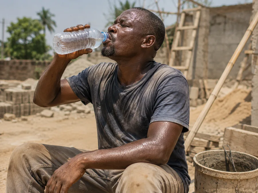 Nigerian worker drinking water during a break under the midday sun