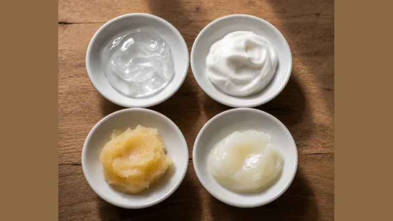 Four unlabelled dishes showing the different textures of gel, cream, balm and ointment