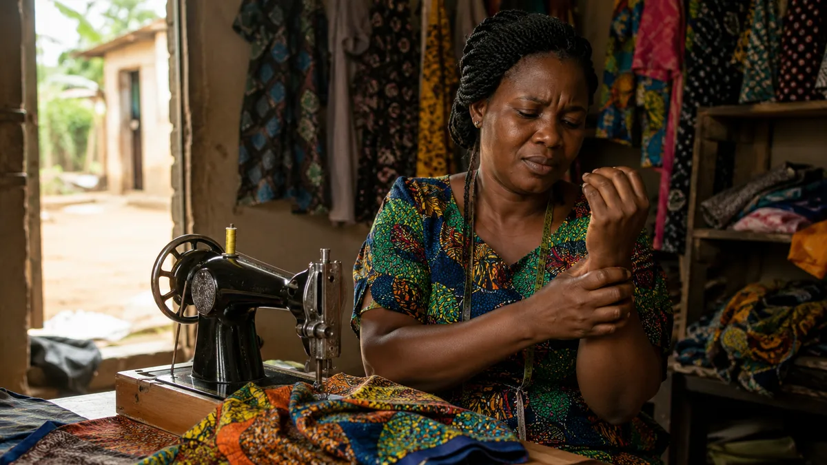 A Nigerian tailor rubbing her sore wrist while sewing, a sign of hand and wrist pain