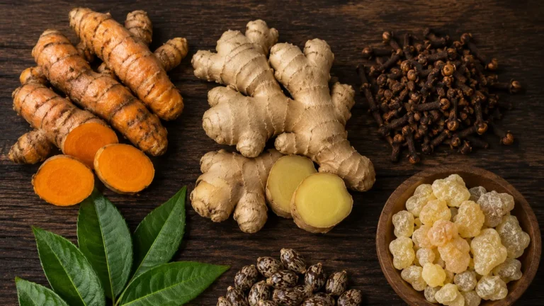 Turmeric, ginger, cloves and resin arranged on a wooden table