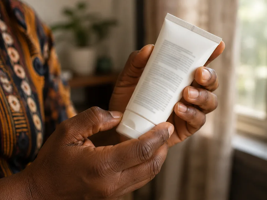 Hands turning a plain tube to read the ingredient list on the back