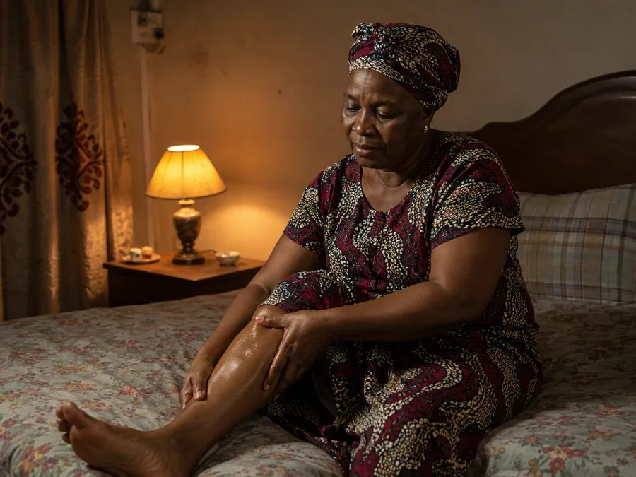 Nigerian woman massaging her leg as part of her evening routine