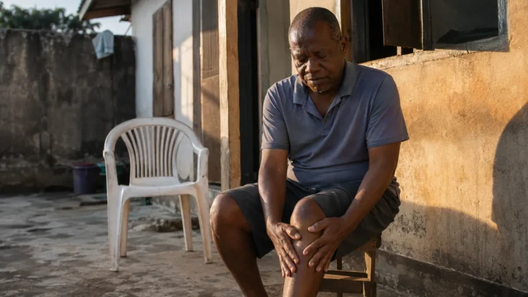 Older Nigerian man resting his hands on his knee while sitting outside his home