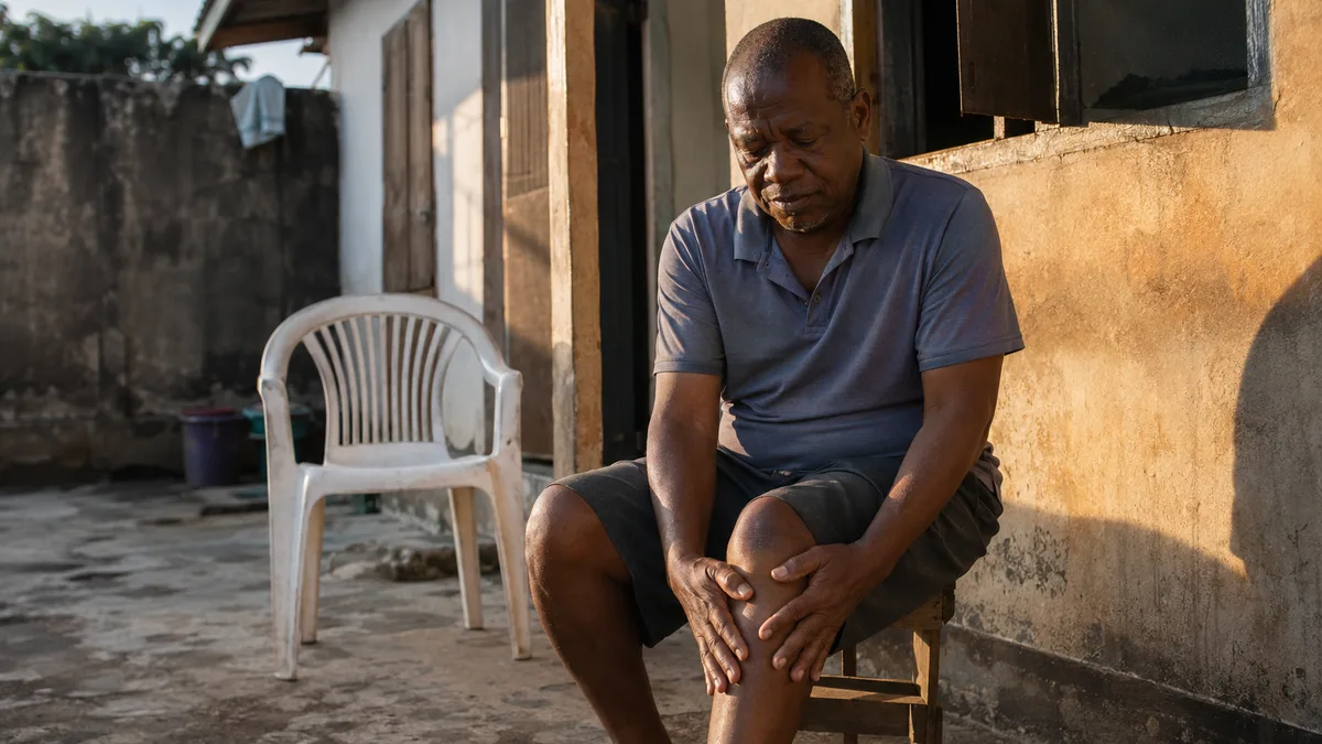 Older Nigerian man resting his hands on his knee while sitting outside his home