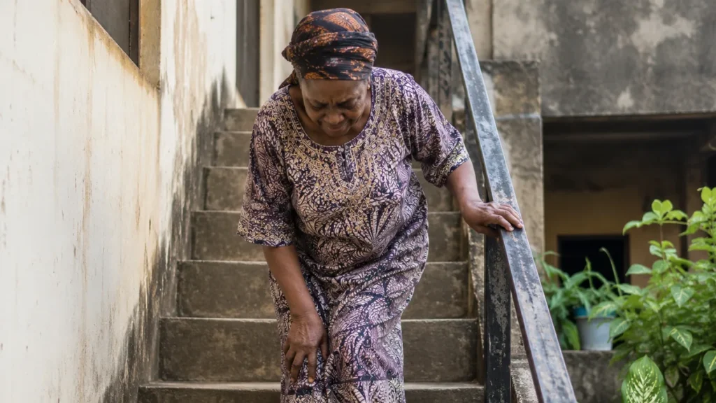 Older Nigerian woman holding the handrail while carefully going down outdoor stairs