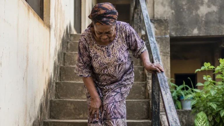 Older Nigerian woman holding the handrail while carefully going down outdoor stairs