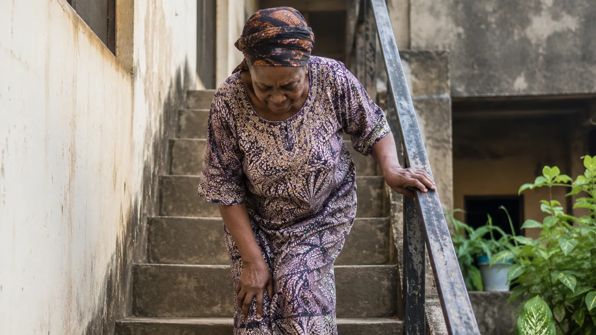 Older Nigerian woman holding the handrail while carefully going down outdoor stairs