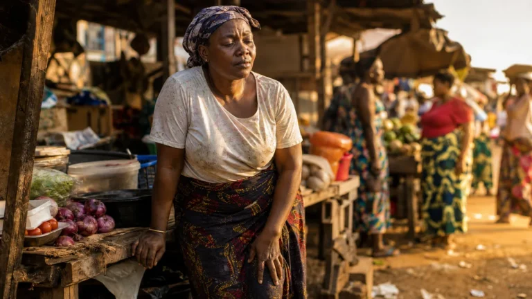 A market trader with aching legs after standing all day at her stall