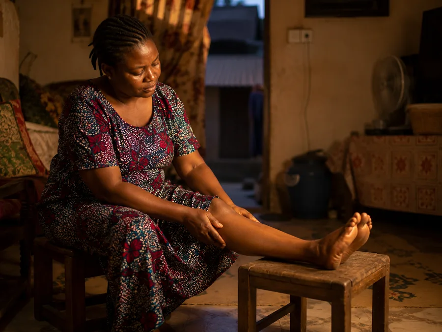 Resting with the legs raised and massaging a tired calf in the evening