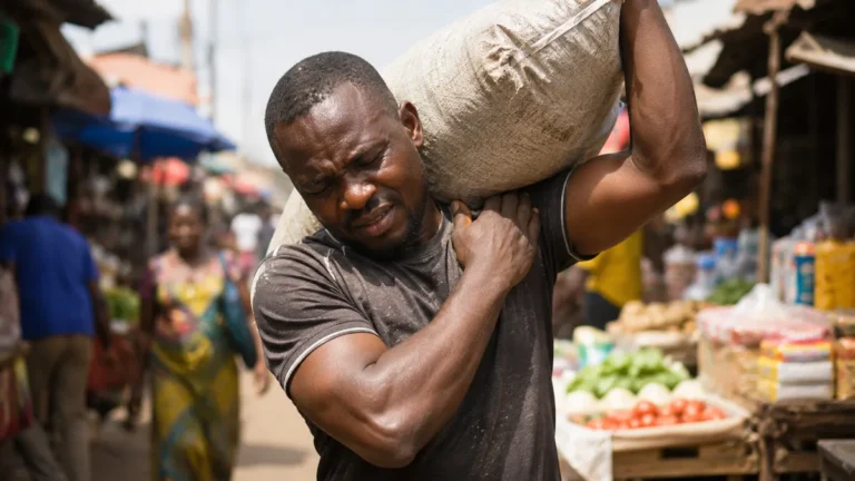 A market porter holding his sore shoulder after carrying a heavy load