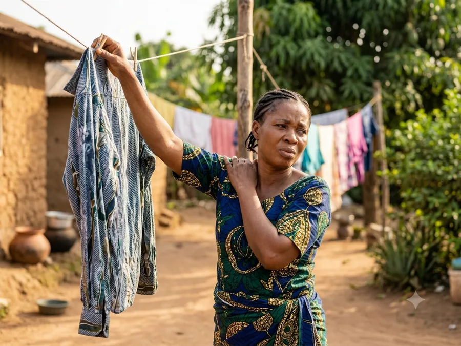 A woman feeling shoulder pain when lifting her arm to hang washing