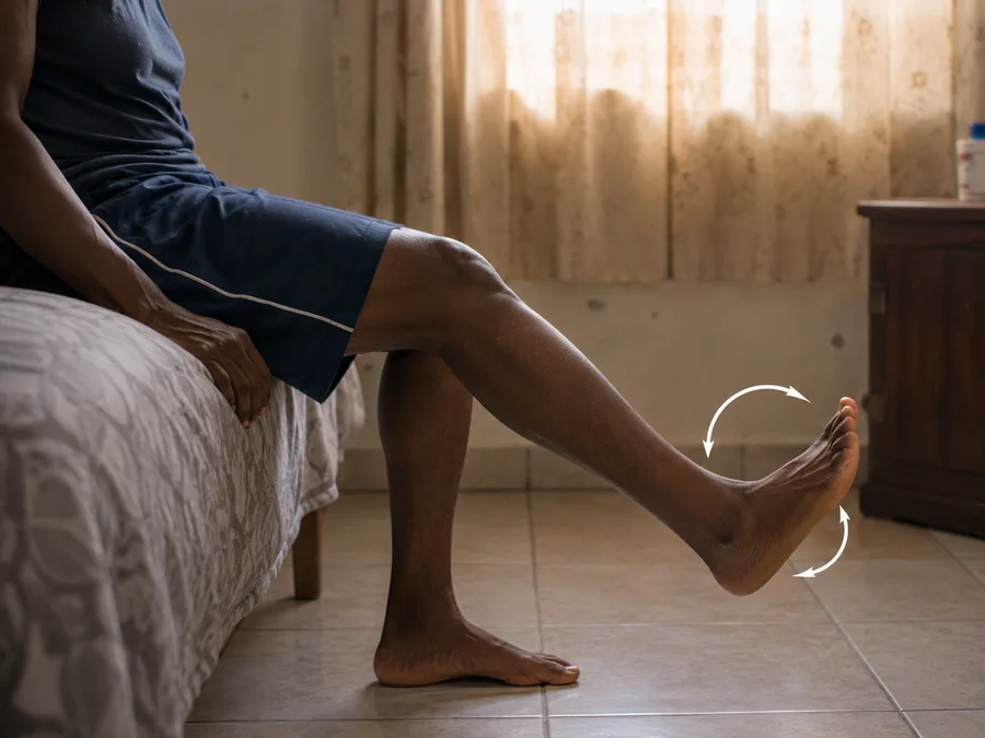 Seated person rotating an ankle as part of a gentle morning routine