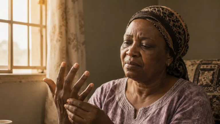 Older Nigerian woman flexing her stiff fingers by the window in the morning