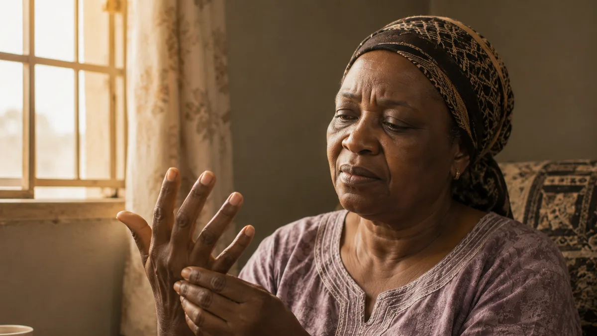 Older Nigerian woman flexing her stiff fingers by the window in the morning