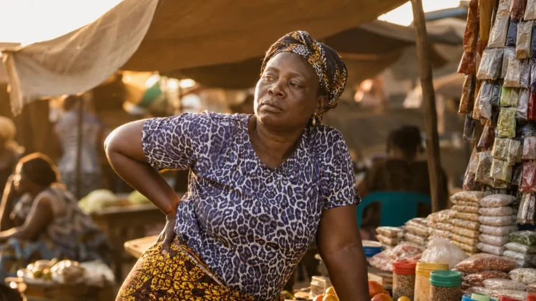 Nigerian market woman pressing her lower back after a long day standing at her stall
