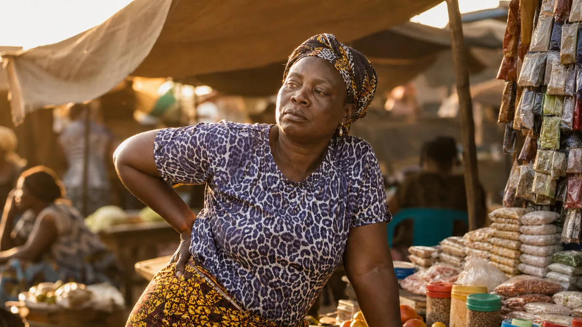 Nigerian market woman pressing her lower back after a long day standing at her stall