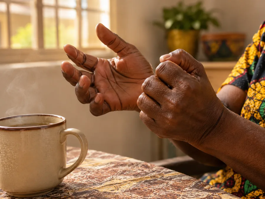 Hands slowly opening and closing beside a warm cup to ease morning finger stiffness
